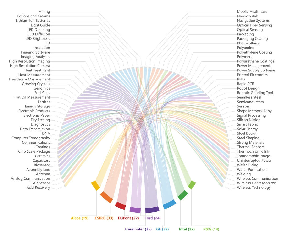 Scallop chord diagram: weighted group arcs at the bottom, equal-width node arcs on top, thin ribbons through the centre